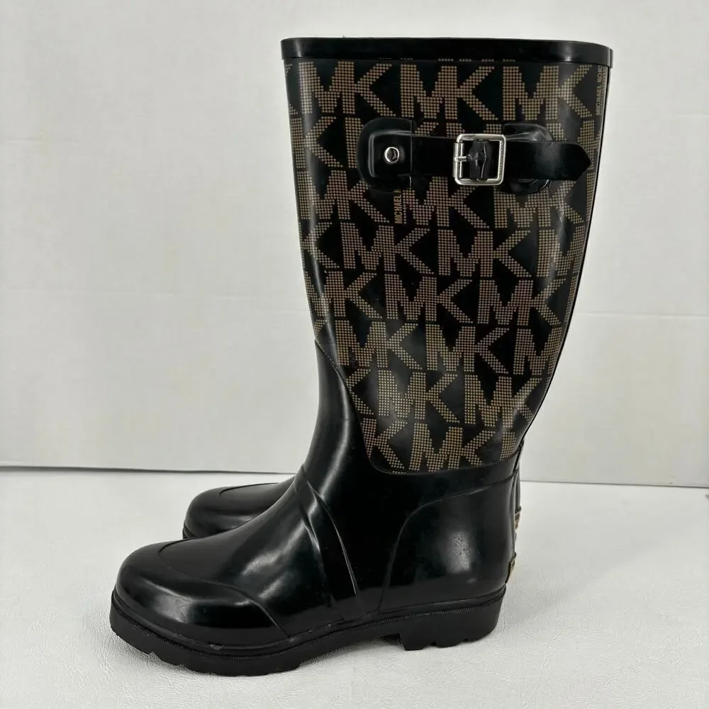 Michael Kors Tall Rain Boots Women's Size 7 Black Signature Logo Waterproof - Picture 4 of 13